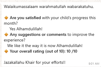 A parent's monthly feedback: satisfied with the child's progress this month, overall rating 10 out of 10.